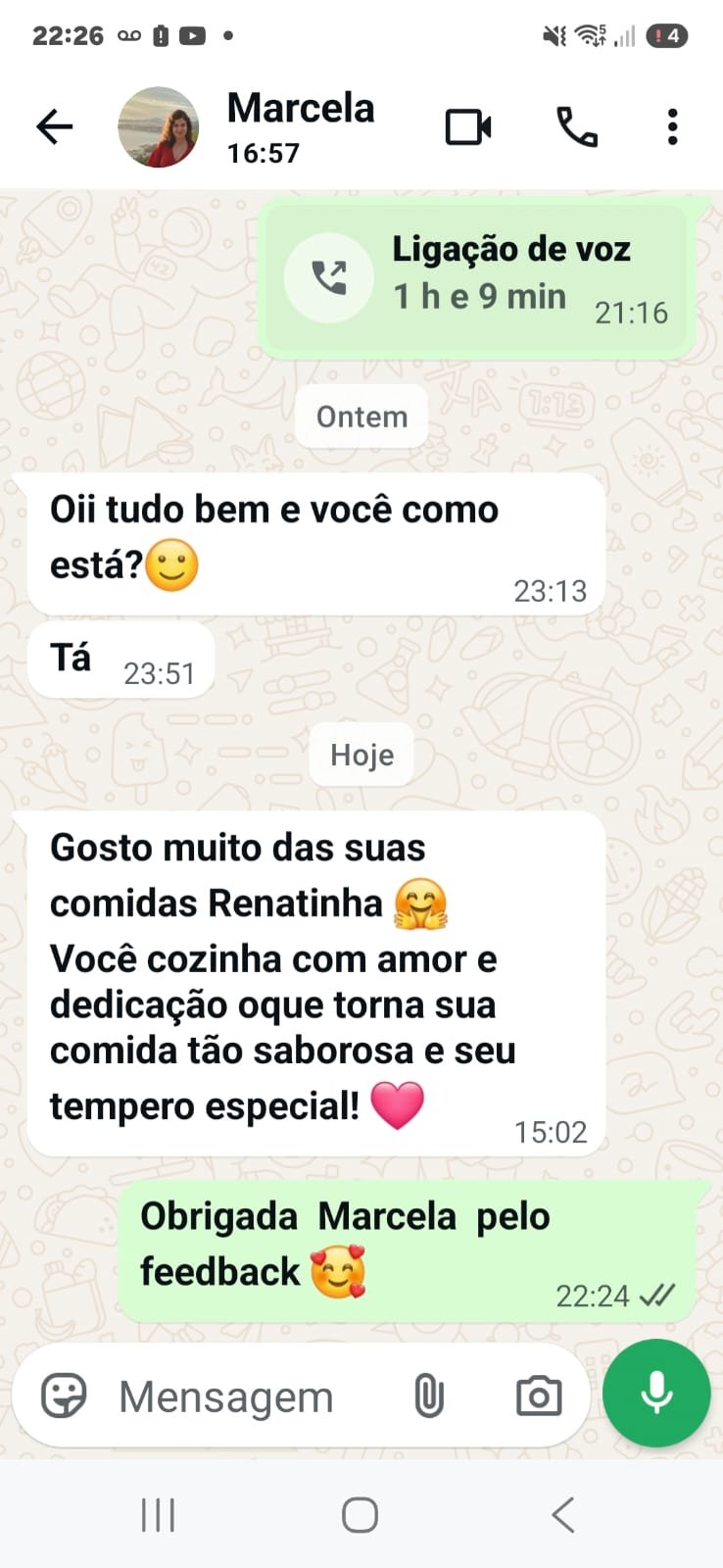 Feedback de Marcela sobre a Universo de Sabores