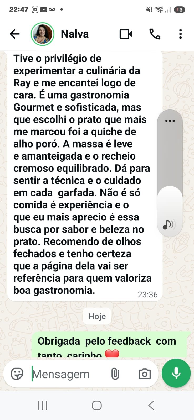 Feedback de Nalva, cliente recorrente da Universo de Sabores